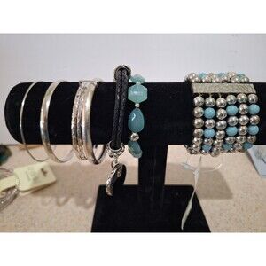 Mixed Silvertone & Turquoise Bracelet Lot 8 Pc Bangles Leather Beaded 602c